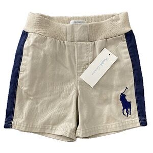RALPH LAUREN Khaki Stripe Giant Pony Shorts Size 12M Beige Navy Blue